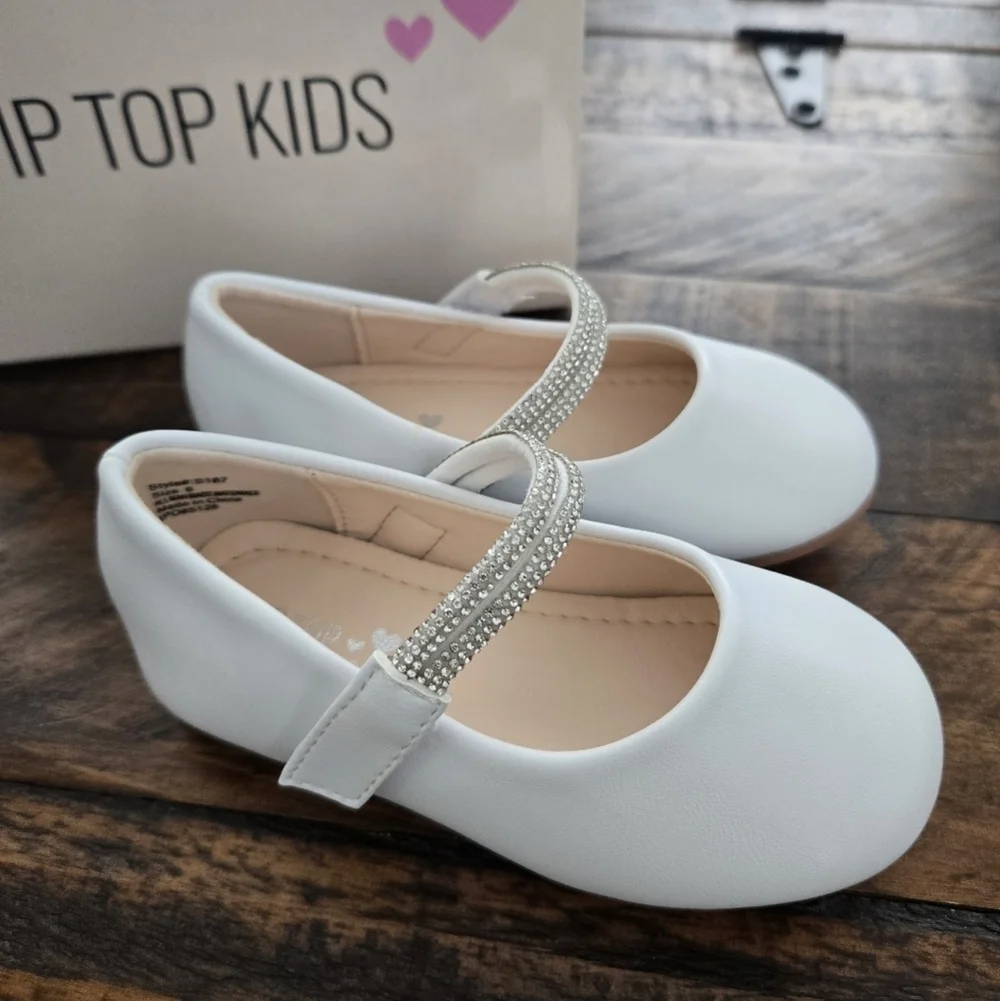 Tip Top Kids Girls MaryJane White Shoe with Rhinestone Strap. Style S187…